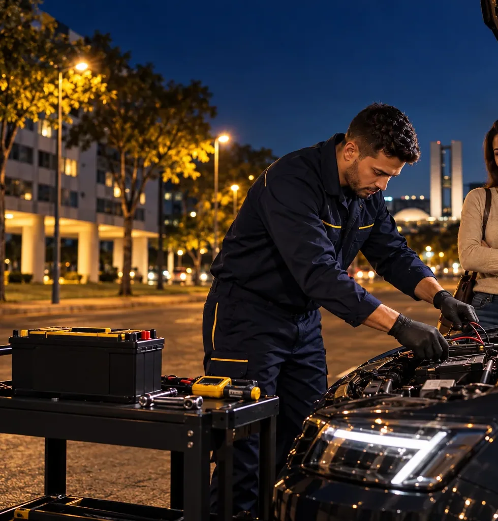 Técnico troca a bateria de um carro à noite em Brasília, com prédios sobre pilotis e o Congresso ao fundo